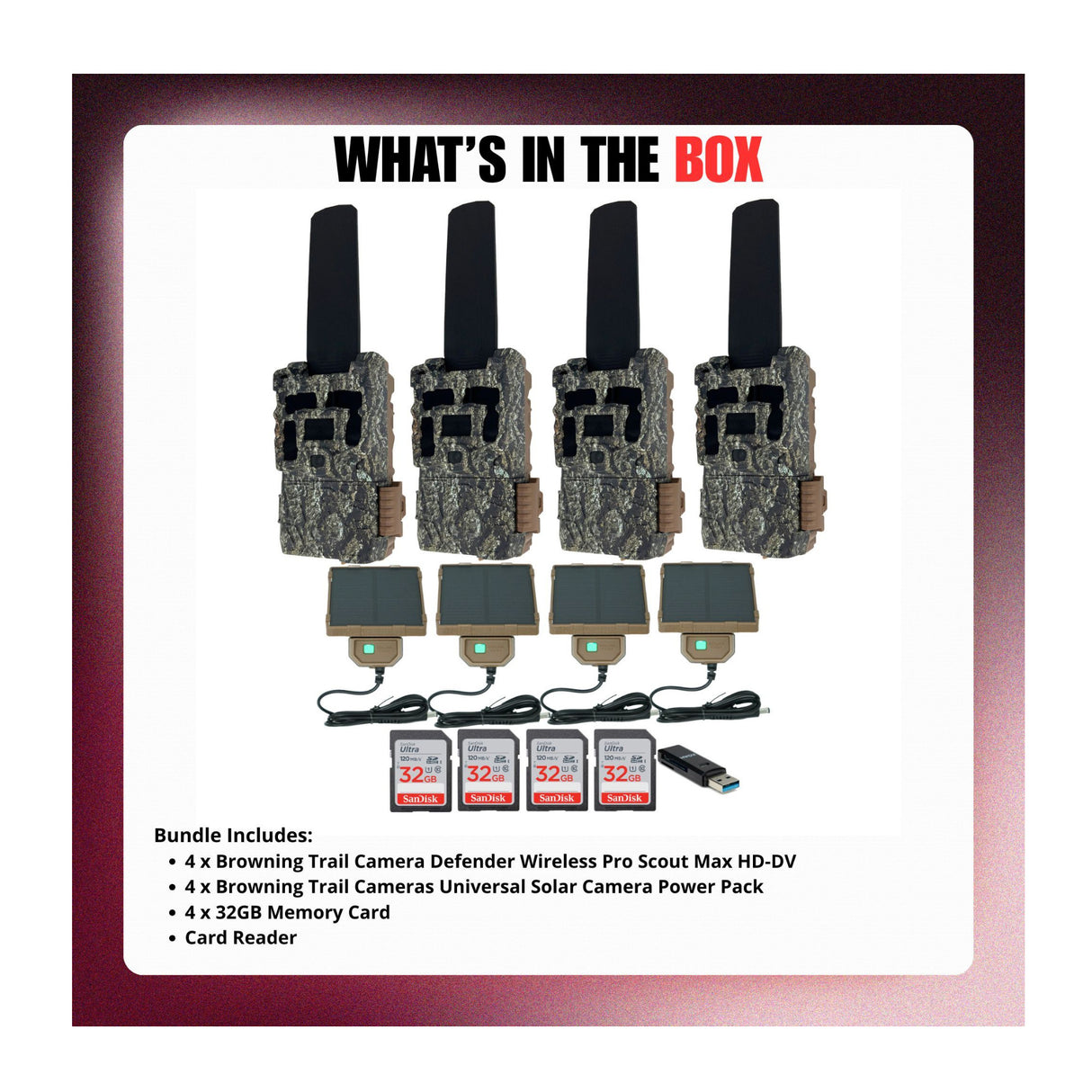 Browning Trail Camera Defender Wireless Pro Scout Max HD-DV (4-Pack) Bundle with Solar Power Pack - 9