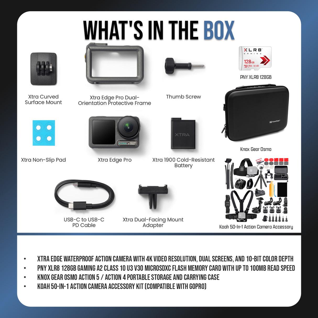 Xtra Edge Action Camera with 128GB MicroSD Card, 50-In-1 Action Camera Accessory Kit and Case Bundle