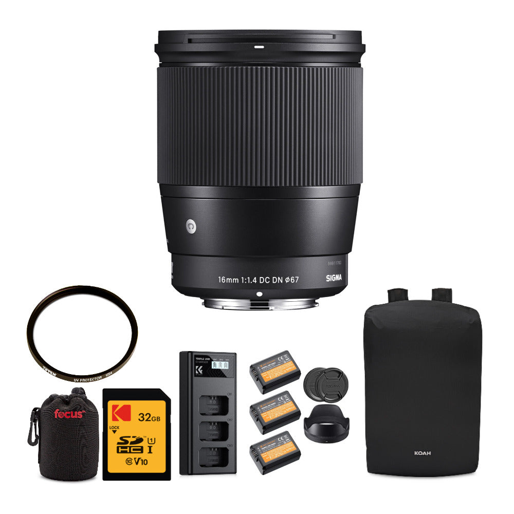 Sigma 16mm f/1.4 DC DN Contemporary Lens for Sony E Mount Cameras with Backpack Bundle