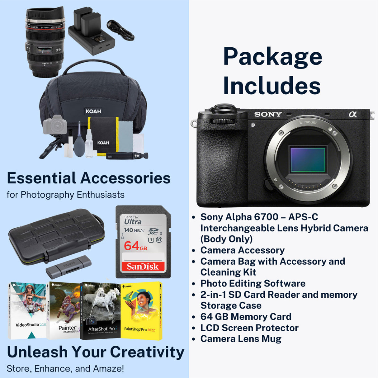 Sony Alpha 6700  APS-C Interchangeable Lens Hybrid Camera Body with Mug, SD Card and Essentials Kit
