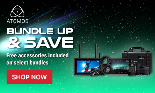 ATOMOS advertisement with video equipment and 'Bundle Up & Save' text on a green and black gradient background.
