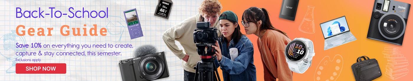 A promotional banner titled 'Back-To-School Gear Guide' with orange and white text on a light background. The banner includes photos of students using cameras and laptops, alongside illustrated and real-world school and tech gear such as a camera, laptop, tablet, printer, and camera bag.