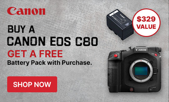 Canon EOS C80 camera with battery pack on a gray background, featuring promotional text.