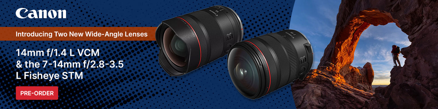 Canon lens advertisement with two lenses and a scenic background
