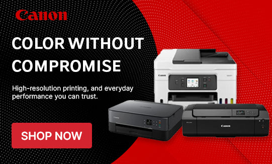Canon printer advertisement with text 'Color without compromise' and 'Shop Now' button on a red and black background.