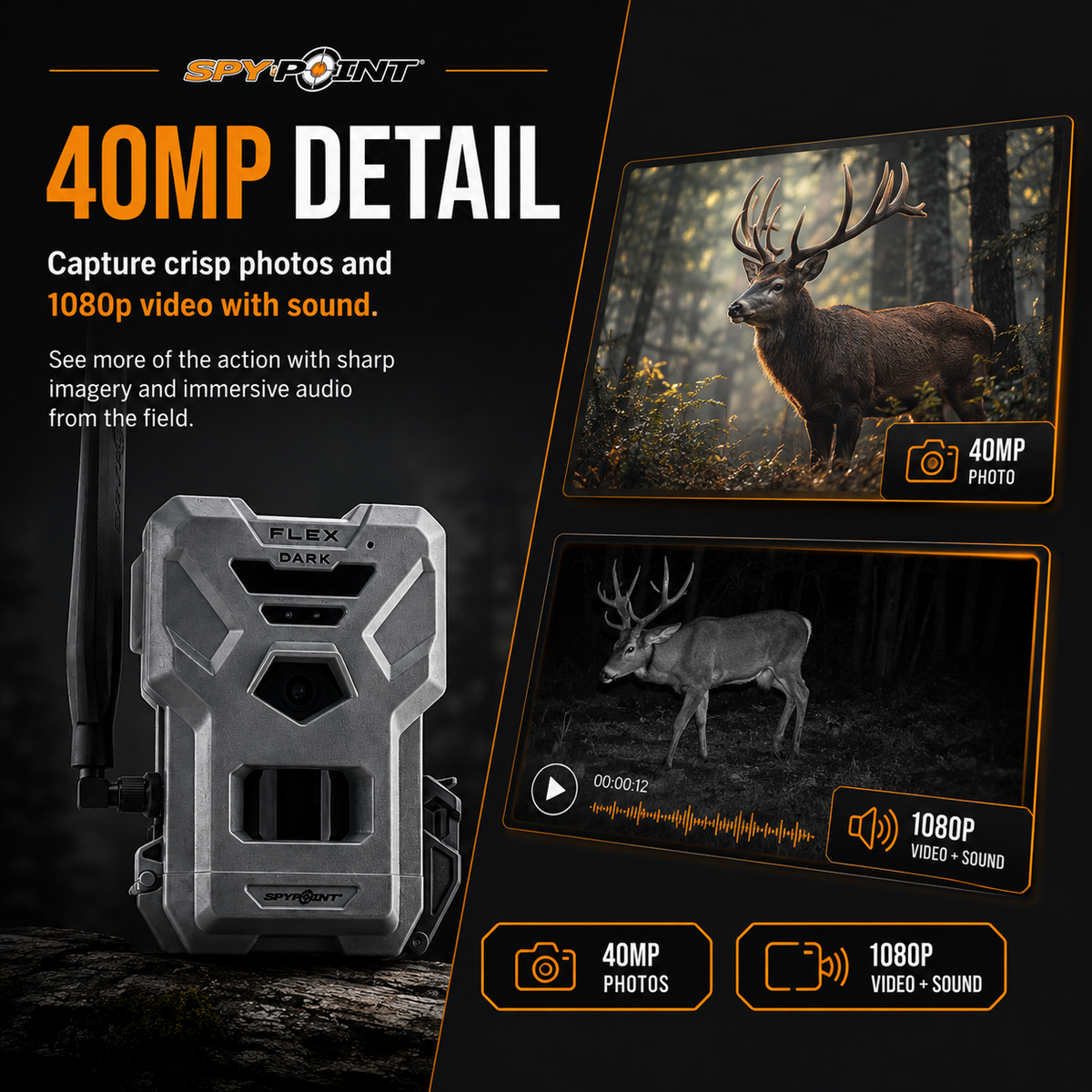 SPYPOINT FLEX DARK Cellular Trail Camera 40MP 1080p Video No WiFi with Battery Pack 32GB Card.