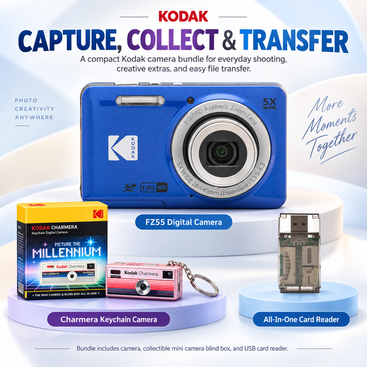 Kodak PIXPRO Friendly Zoom FZ55 (Blue) with Charmera Millennium Edition Bundle