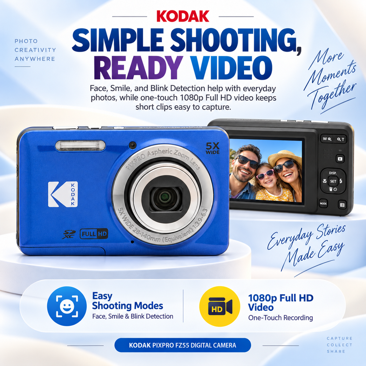 Kodak PIXPRO Friendly Zoom FZ55 (Blue) with Charmera Millennium Edition Bundle