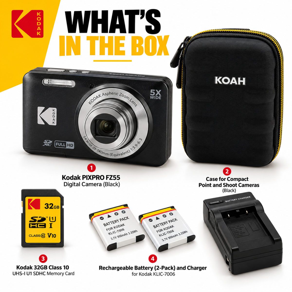 Kodak PIXPRO Friendly Zoom FZ55 Digital Camera (Black) Bundle with Case, Memory Card and Accessories