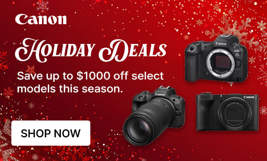Canon holiday camera deals advertisement with three camera models on a red background.