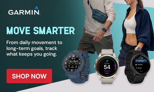 Garmin smartwatches displayed with a couple in the background, featuring the 'Move Smarter' slogan.