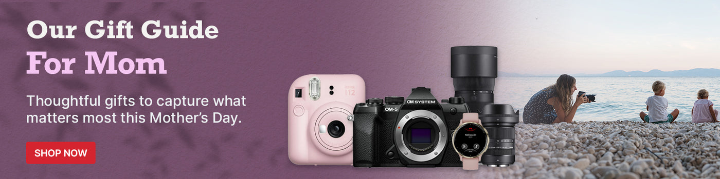 Mothers Day banner with a purple background featuring a Mom photographing two kids