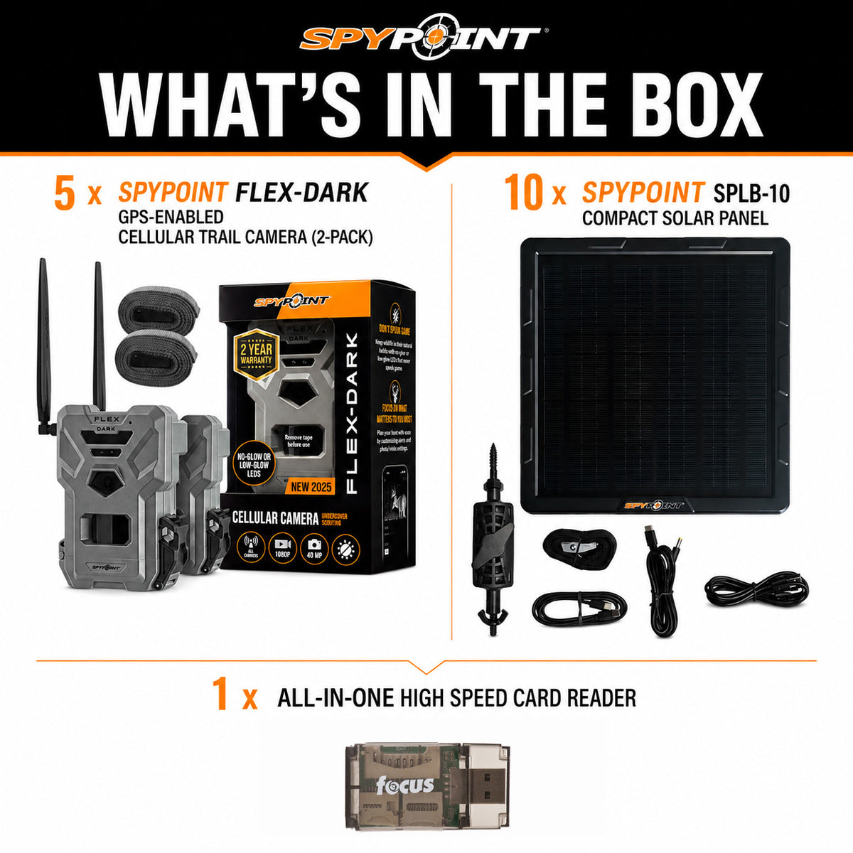 Spypoint FLEX DARK 40MP Cellular Gray Trail Camera (10-Pack) Bundle with Solar Panels & Card Reader