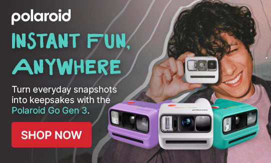 Polaroid instant camera advertisement with a person holding a camera, featuring text and product images.