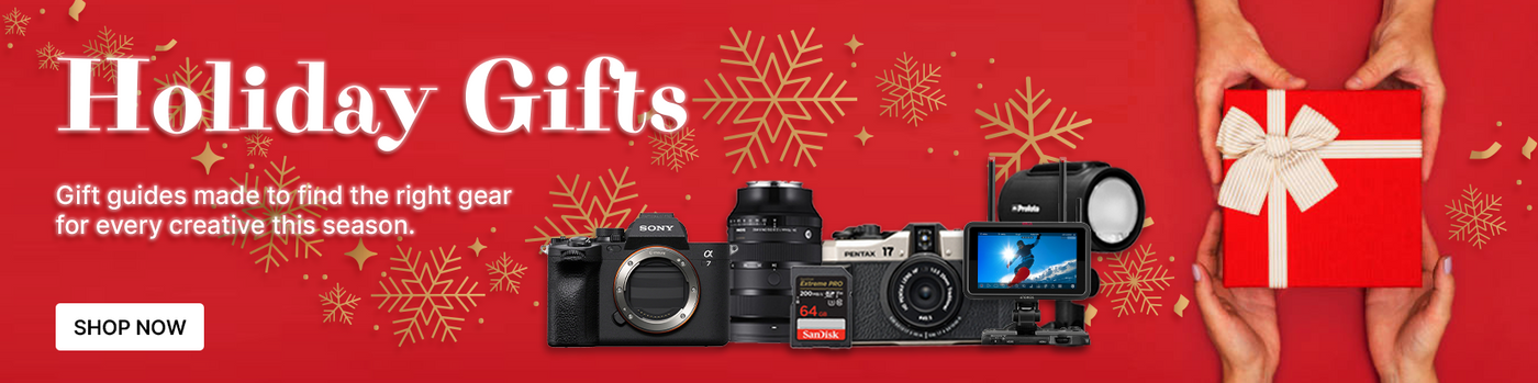 Advertisement for holiday gifts with cameras and a gift box on a red background.