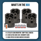 Stealth Cam Browtine Trail Camera Bundle with 32GB Memory Card and Card Reader (4-Pack, 9 Items)