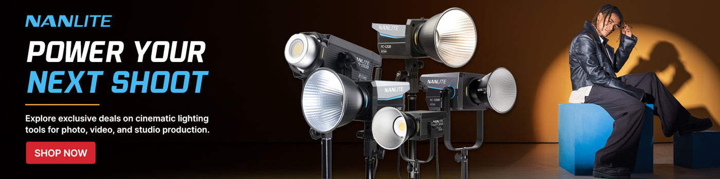 Cinematic lighting equipment with a person sitting in a chair, promotional text for Nanlite lighting tools.
