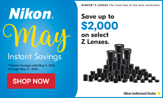 Nikon advertisement for May instant savings on select Z lenses with a stack of black camera lenses.