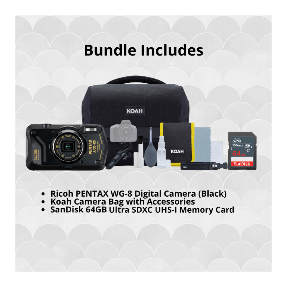 Pentax WG-8 All-Weather Camera with Heavy-Duty Construction and 5x Optical Zoom Lens (Black) Bundle