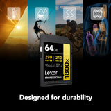 Lexar Professional 1800x SDXC UHS-II Card Gold Series, 280 MB/s Read, 210 MB/s Write (64GB, 2-Pack)