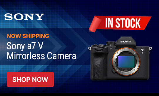 Sony a7 V mirrorless camera advertisement with 'In Stock' and 'Shop Now' buttons on a blue background.