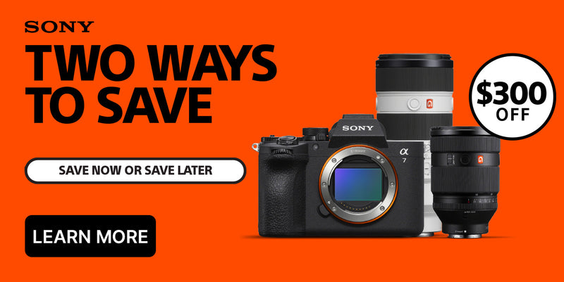 Sony camera with lenses on an orange background with promotional text.
