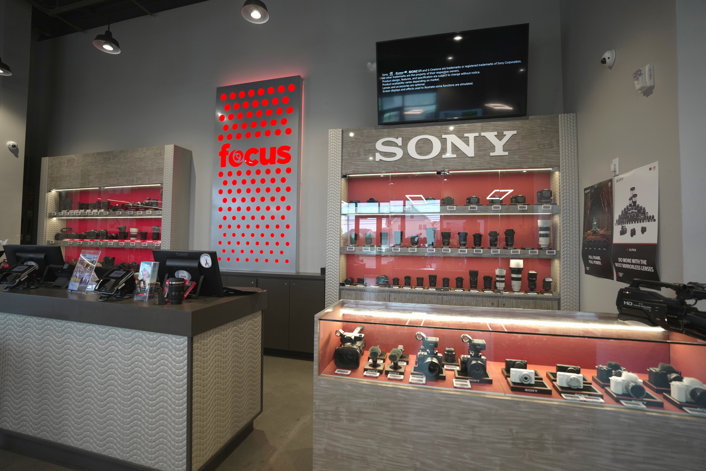 Focus Camera Lakewood store interior with Sony camera product displays and 'focus' branding