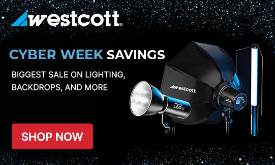 Westcott lighting equipment with Cyber Week savings text on a dark background