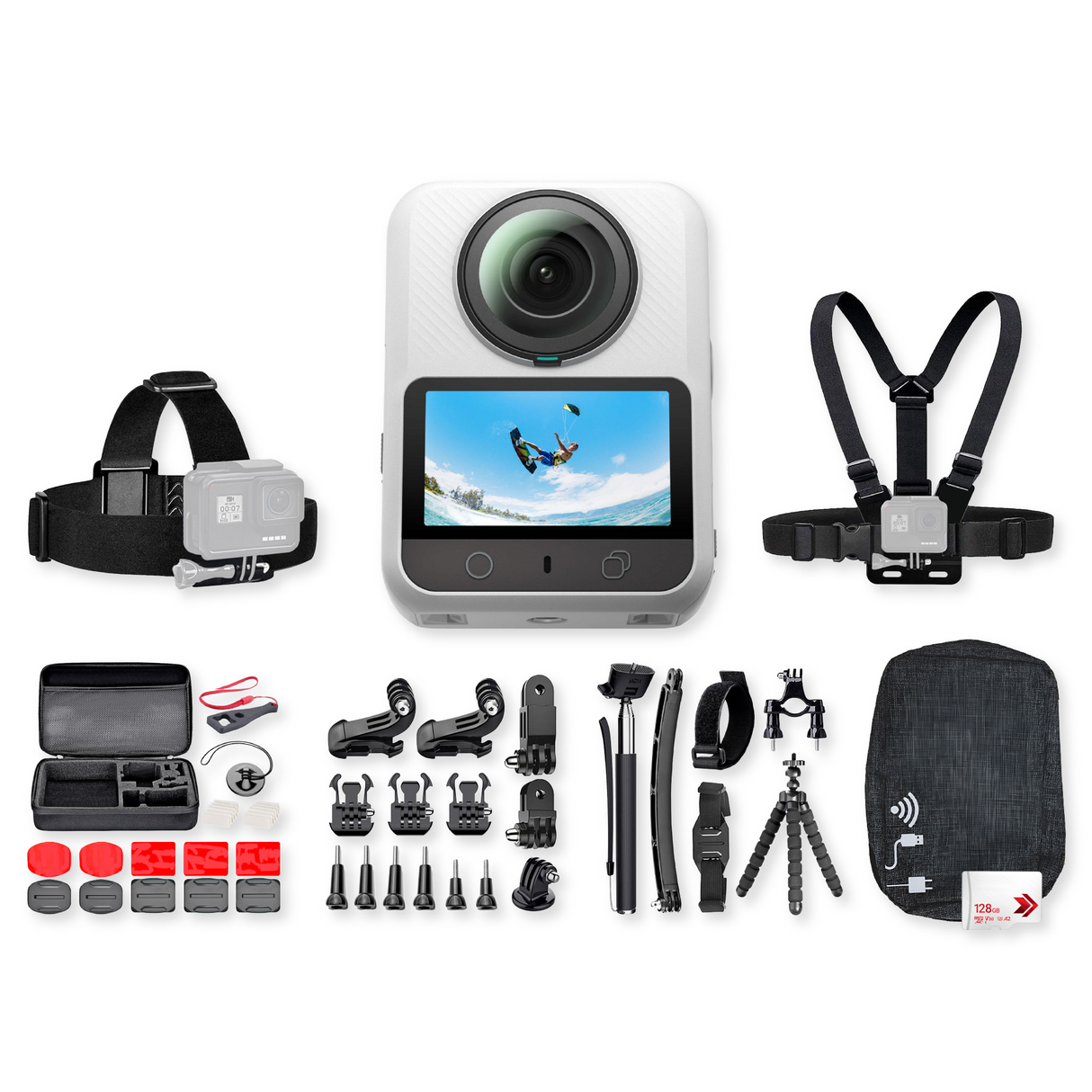 Xtra Sphra360 Action Camera Bundle with 128GB Flash Memory Card, Travel Case, and Accessories