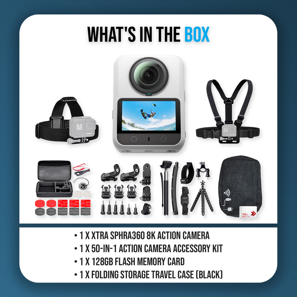 Xtra Sphra360 Action Camera Bundle with 128GB Flash Memory Card, Travel Case, and Accessories