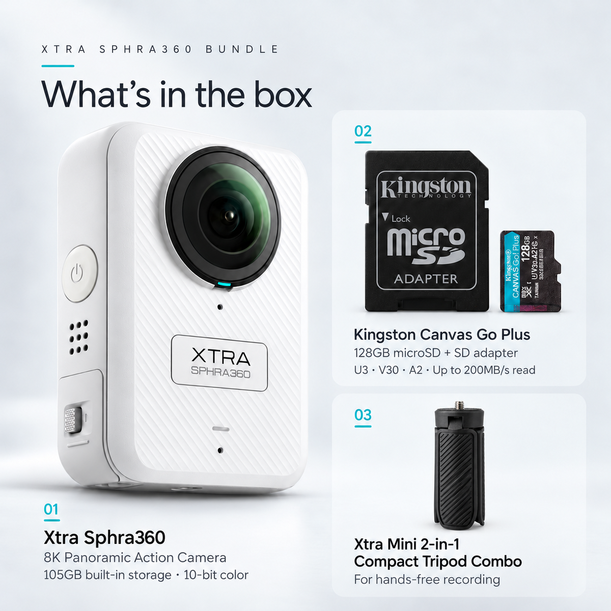 Xtra Sphra360 Action Camera Bundle with Mini 2in1 Tripod and 128GB MicroSD Card
