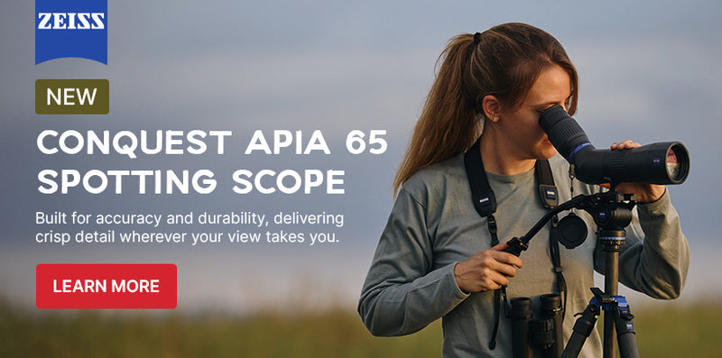 Person using a spotting scope with Zeiss branding and product description text.