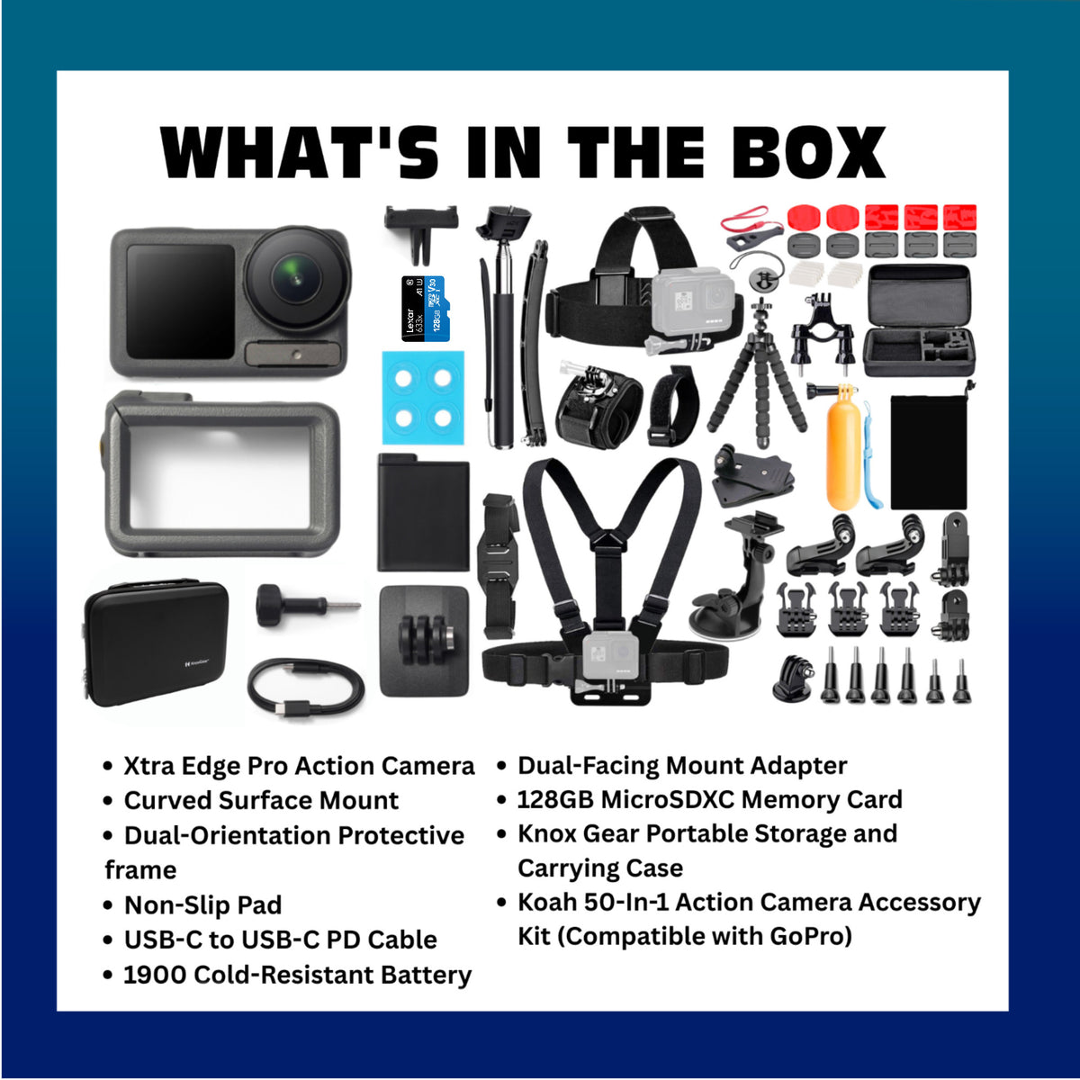 Xtra Edge Pro Action Camera with 128GB MicroSD, Accessory Kit and Case Bundle