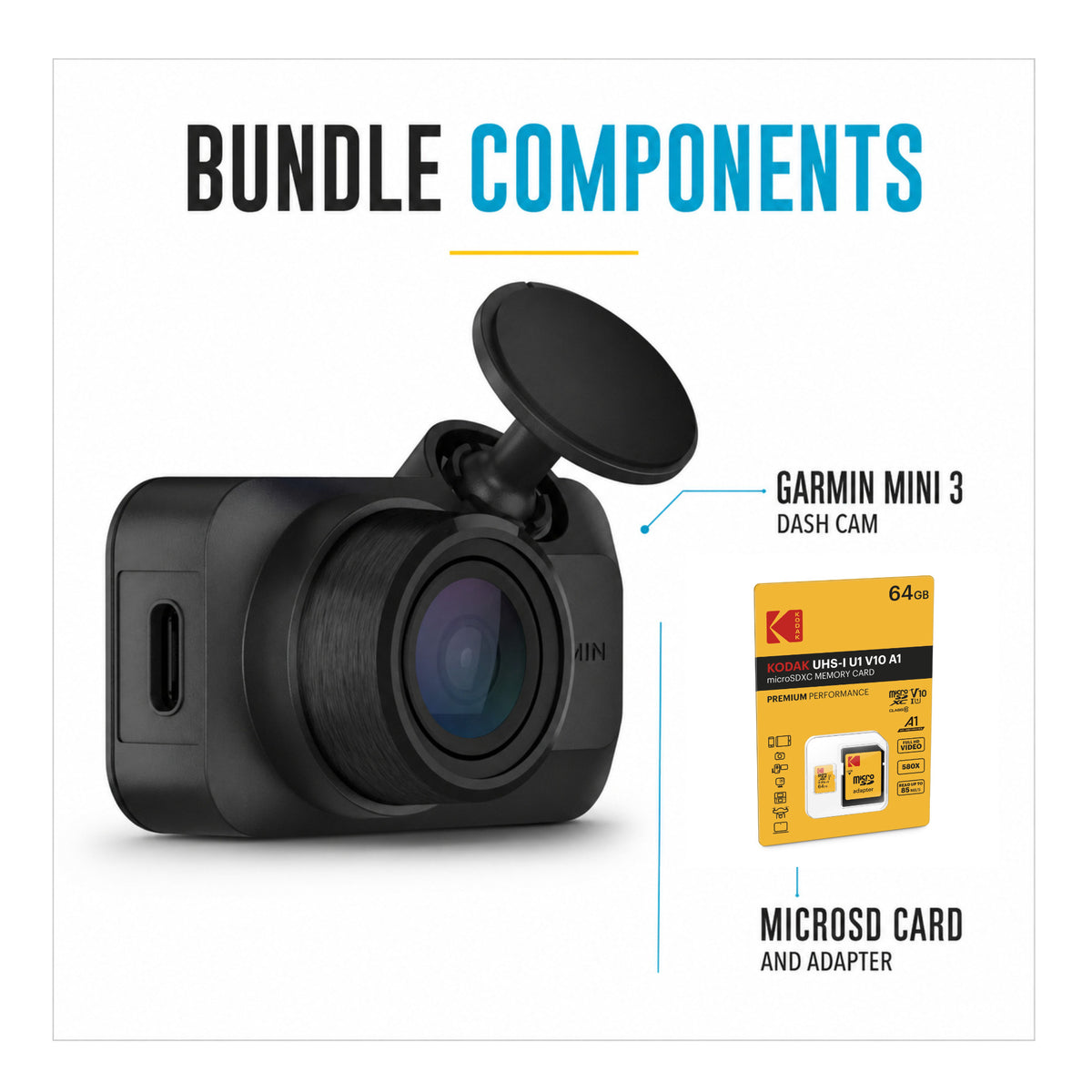 Garmin Dash Cam Mini 3 1080p Camera (Black) with 128GB microSD Card with SD Adapter Bundle