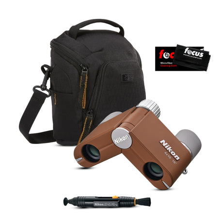 Nikon 4x10D CF Pocket Binoculars (Amber Brown) with Shoulder Bag & Cleaning Accessories Bundle