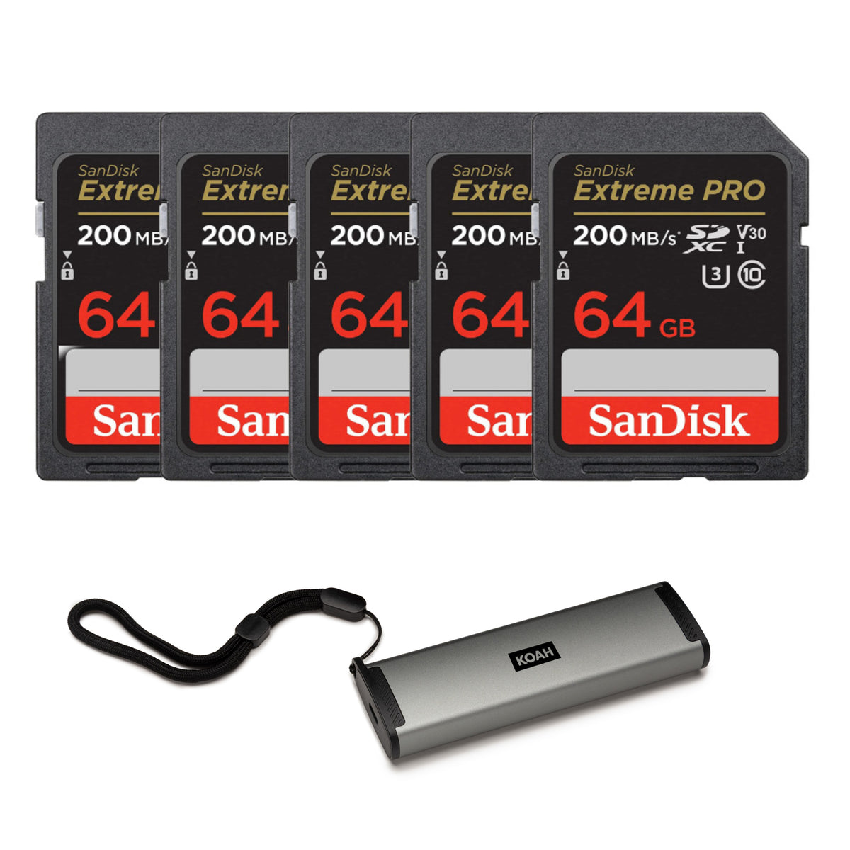 SanDisk 64GB Extreme PRO 200MB/s SDXC V30 Memory Card (5-Pack) with Multi-Port Card Reader