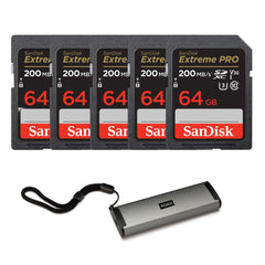 SanDisk 64GB Extreme PRO 200MB/s SDXC V30 Memory Card (5-Pack) with Multi-Port Card Reader