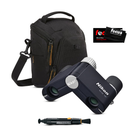 Nikon 4x10D CF Pocket Binoculars (Dark Navy) with Black Camera Shoulder Bag and Accessories Bundle