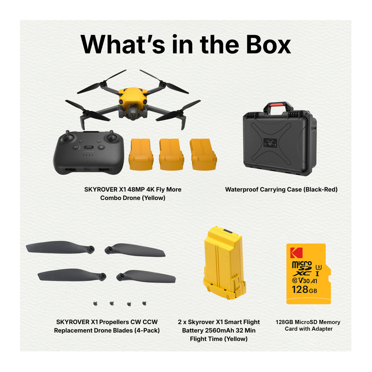 SKYROVER X1 48MP 4K Fly More Combo Drone (Yellow) Bundle with Accessories - 9