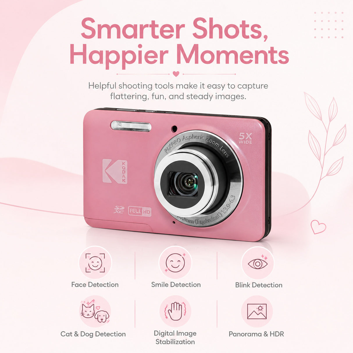 Kodak PixPro Friendly Zoom FZ55 16MP 1080p Full HD Digital Camera (Pastel Pink)