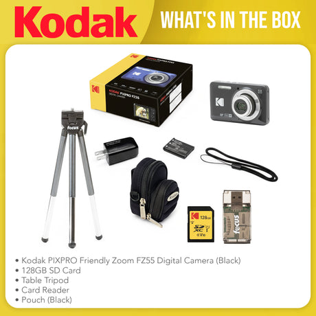 Kodak PIXPRO Friendly Zoom FZ55 Digital Camera (Black) Bundle with 128GB SD Card and Accessories