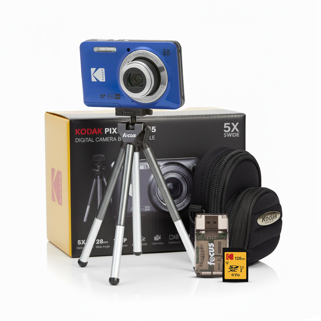 Kodak PIXPRO Friendly Zoom FZ55 Digital Camera (Blue) Bundle with 128GB SD Card and Accessories