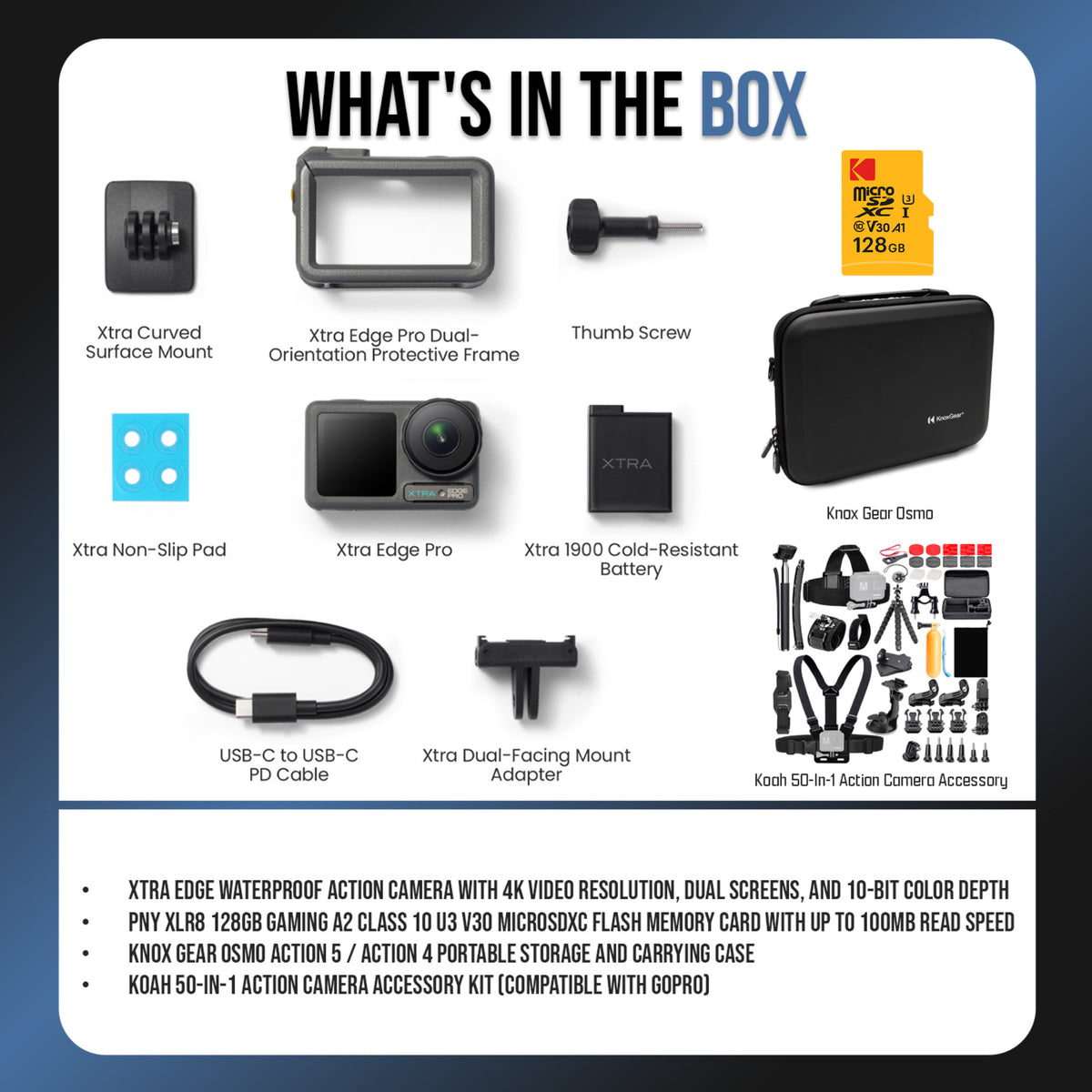 Xtra Edge Action Camera with 128GB MicroSD, Accessory Kit and Case Bundle