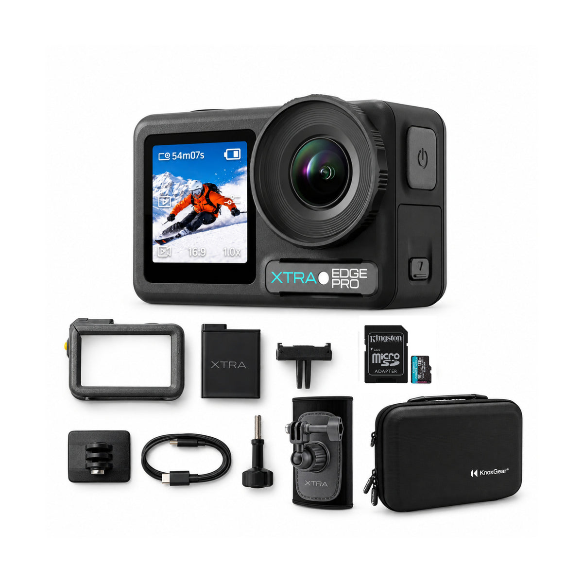 Xtra Edge Pro 40MP 4K/120fps Action Camera Bundle with 128GB Card, Backpack Strap Mount, and Case