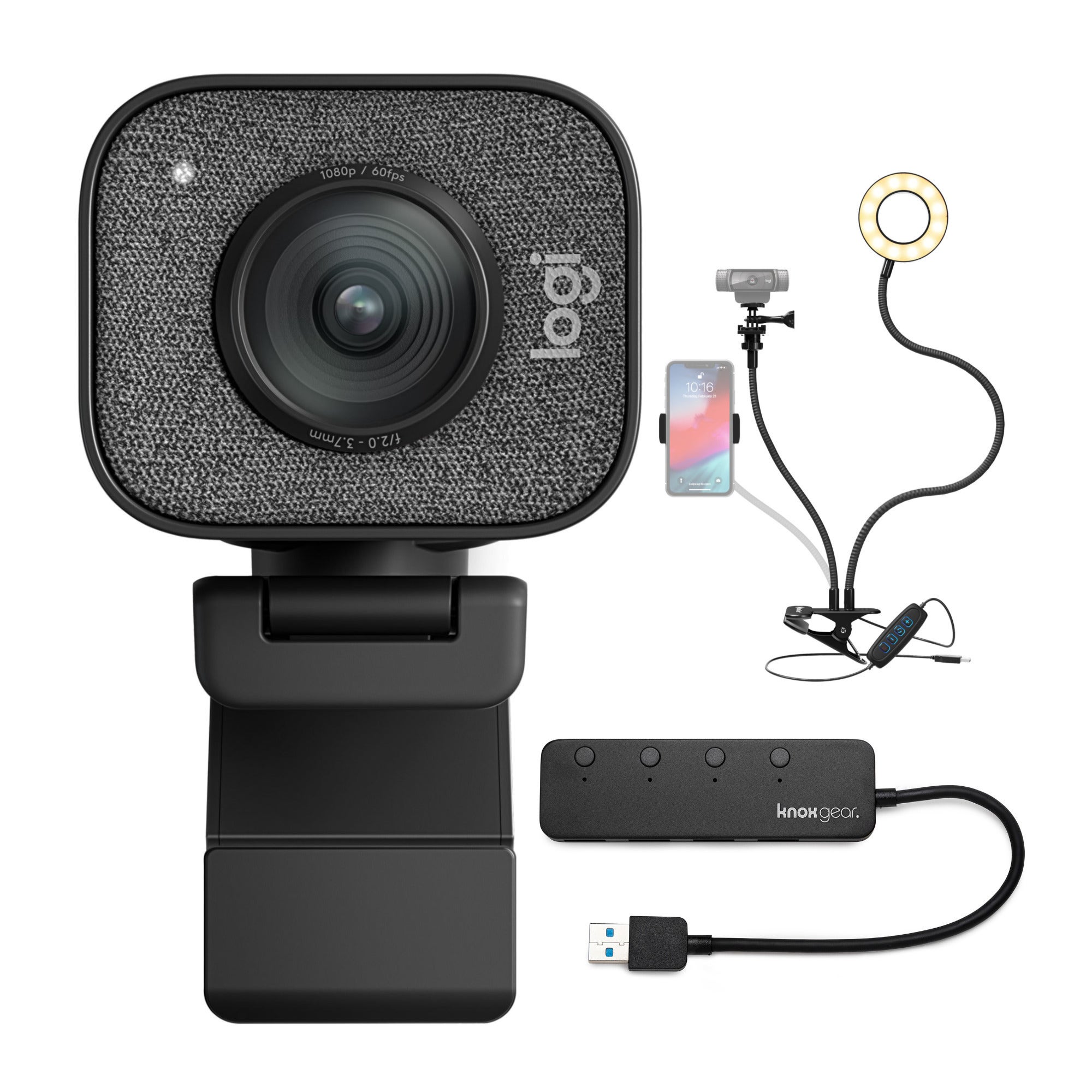 Logitech StreamCam Plus Webcam with Tripod (Graphite), USB Hub, and Ring Light in Black